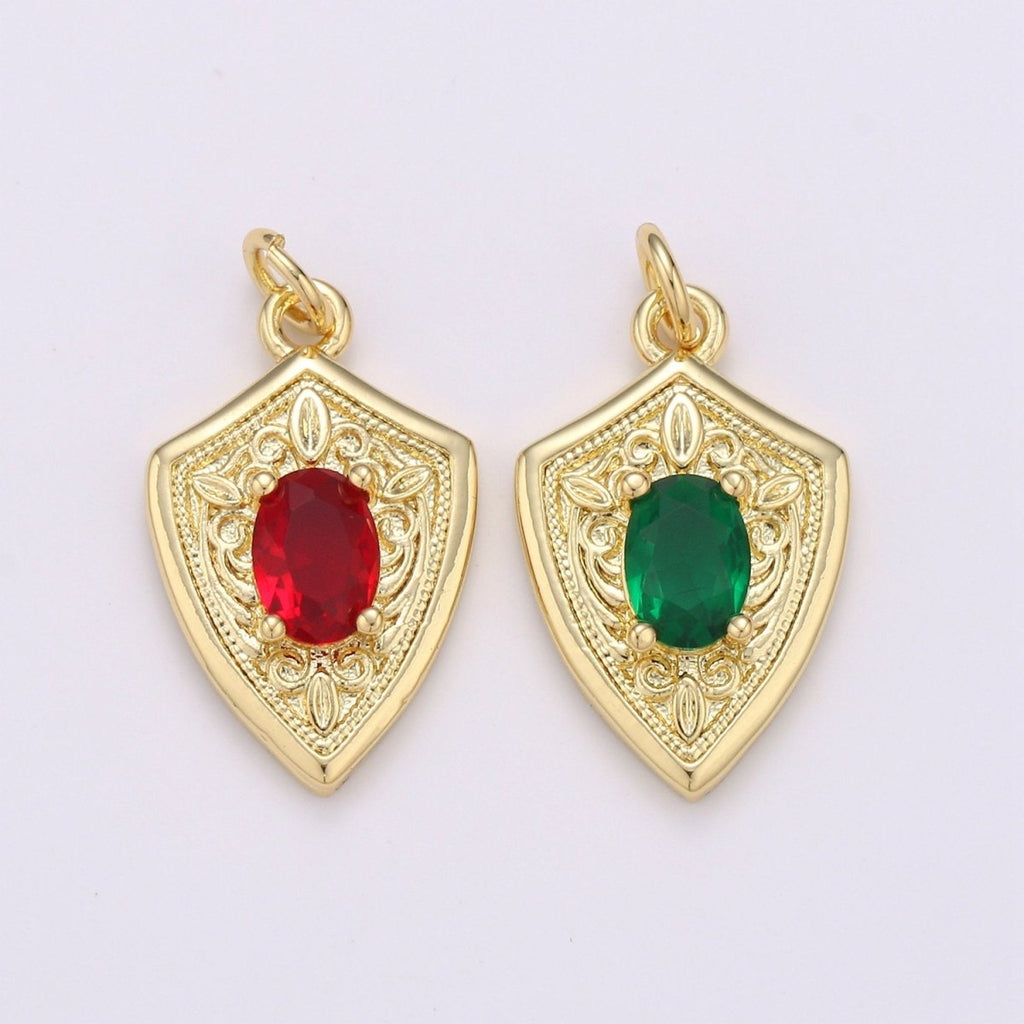 Ruby Cubic Zirconia Charms Pendants-Emerald CZ 14K Gold plated Medieval Charm, Shield Pendant Necklace Bracelet Supply D-702 D-703