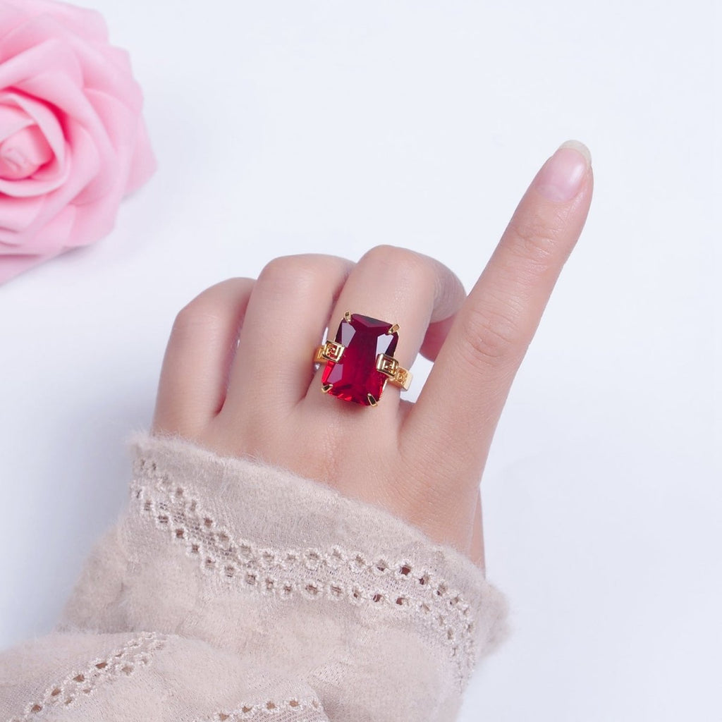 Ruby Red Baguette CZ Cubic Zirconia Statement Ring O-770 - DLUXCA