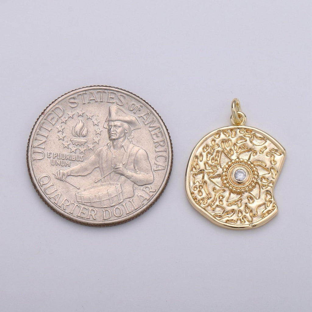 Rustic Coin Charm 14k Gold plated coin pendant, Medallion charms Sun coin charms, Celestial Disc Charm for Necklace Bracelet Earring D-403 - DLUXCA