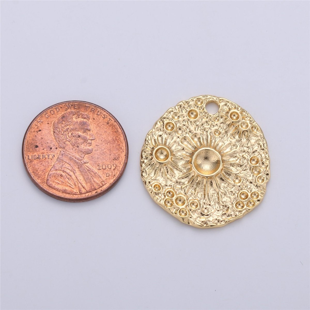 Rustic Moon Pendant Coin Charm in gold plated for Necklace Earring Charm Hammered Medallion Coin Pendant Round Disc Charm Pendant C-617 - DLUXCA