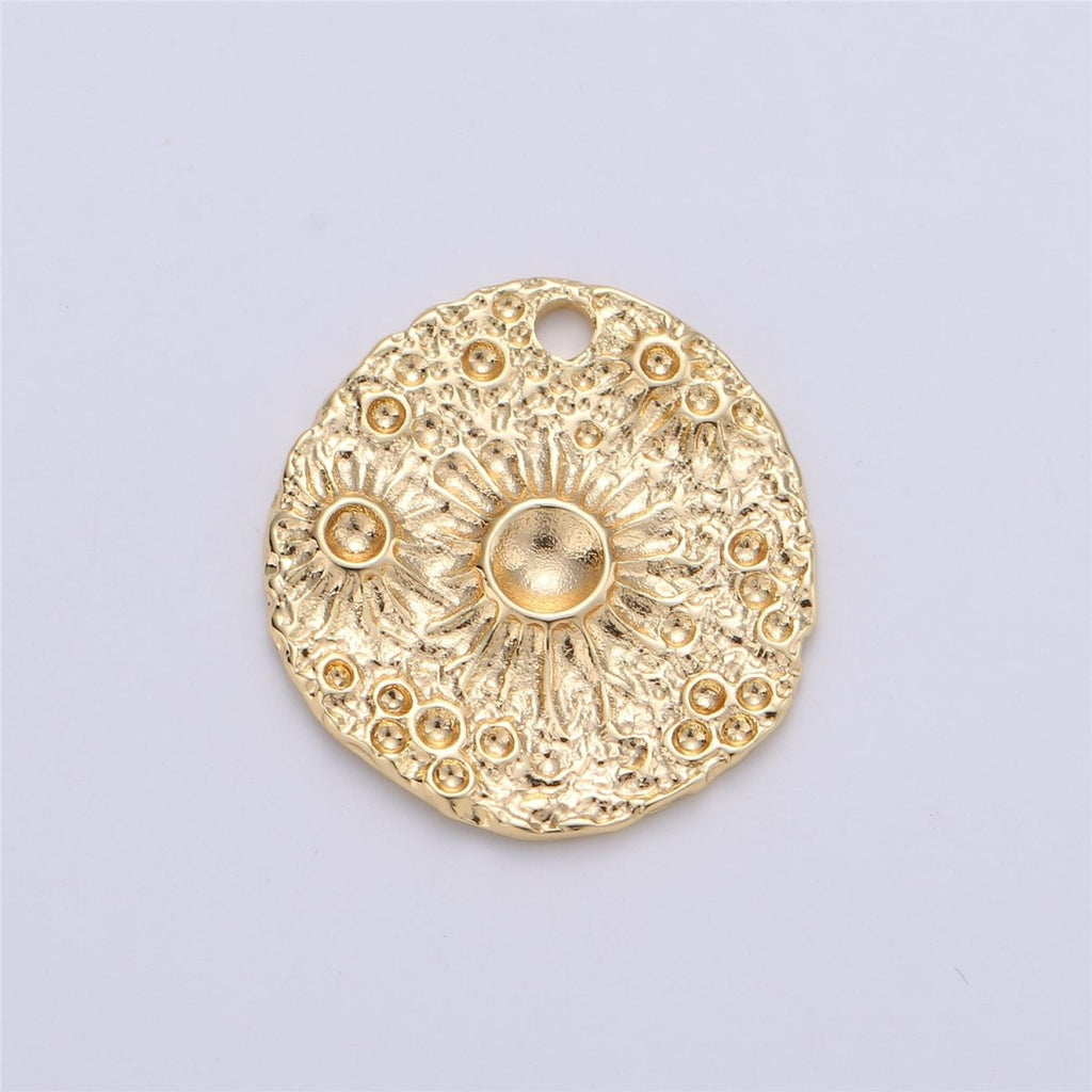 Rustic Moon Pendant Coin Charm in gold plated for Necklace Earring Charm Hammered Medallion Coin Pendant Round Disc Charm Pendant C-617 - DLUXCA