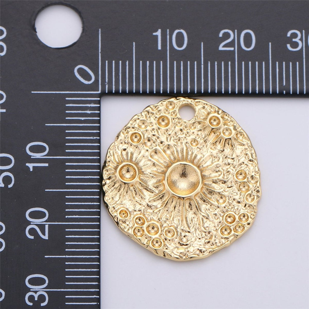 Rustic Moon Pendant Coin Charm in gold plated for Necklace Earring Charm Hammered Medallion Coin Pendant Round Disc Charm Pendant C-617 - DLUXCA