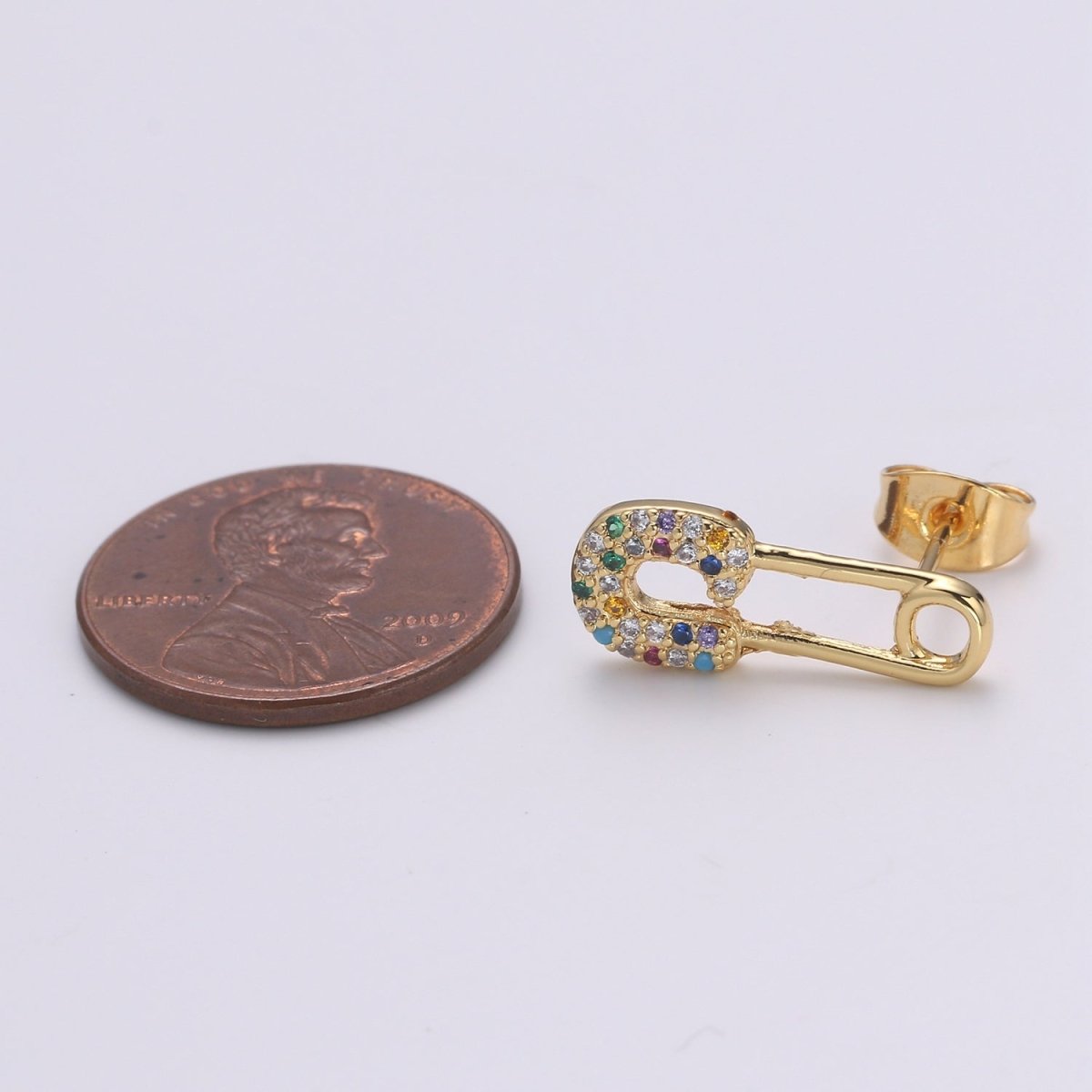 Safety Pin Earring 24K Gold Multi Color Pave Cz Stud Earring, Chunky Stud Design Earring, Q-512 - DLUXCA