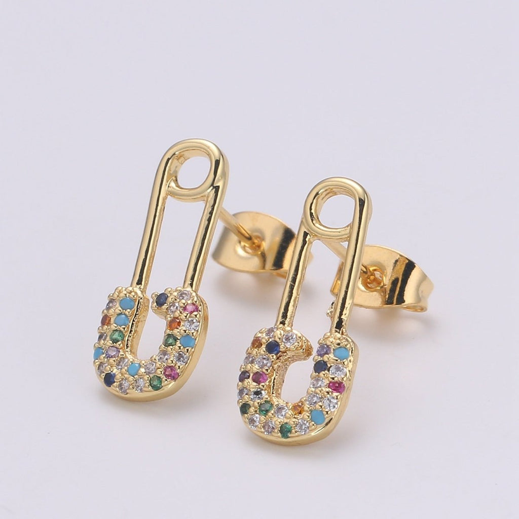Safety Pin Earring 24K Gold Multi Color Pave Cz Stud Earring, Chunky Stud Design Earring, Q-512 - DLUXCA