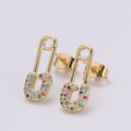 Safety Pin Earring 24K Gold Multi Color Pave Cz Stud Earring, Chunky Stud Design Earring, Q-512 - DLUXCA