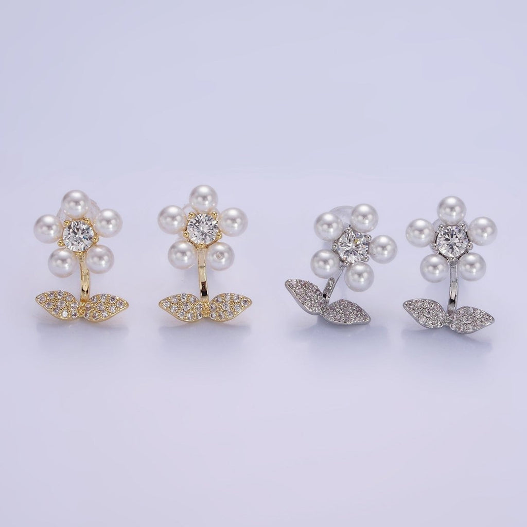 Shell Pearl Flower Micro Paved CZ Leaf Nature Stud Earrings in Gold & Silver | V504 V505 - DLUXCA