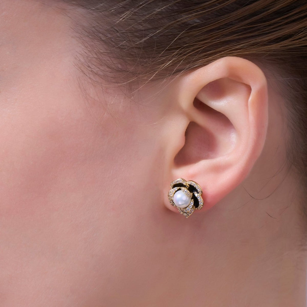 Shell Pearl Micro Paved CZ Black Flower Stud Earrings in Gold & Silver | AD1361 AD1443 - DLUXCA