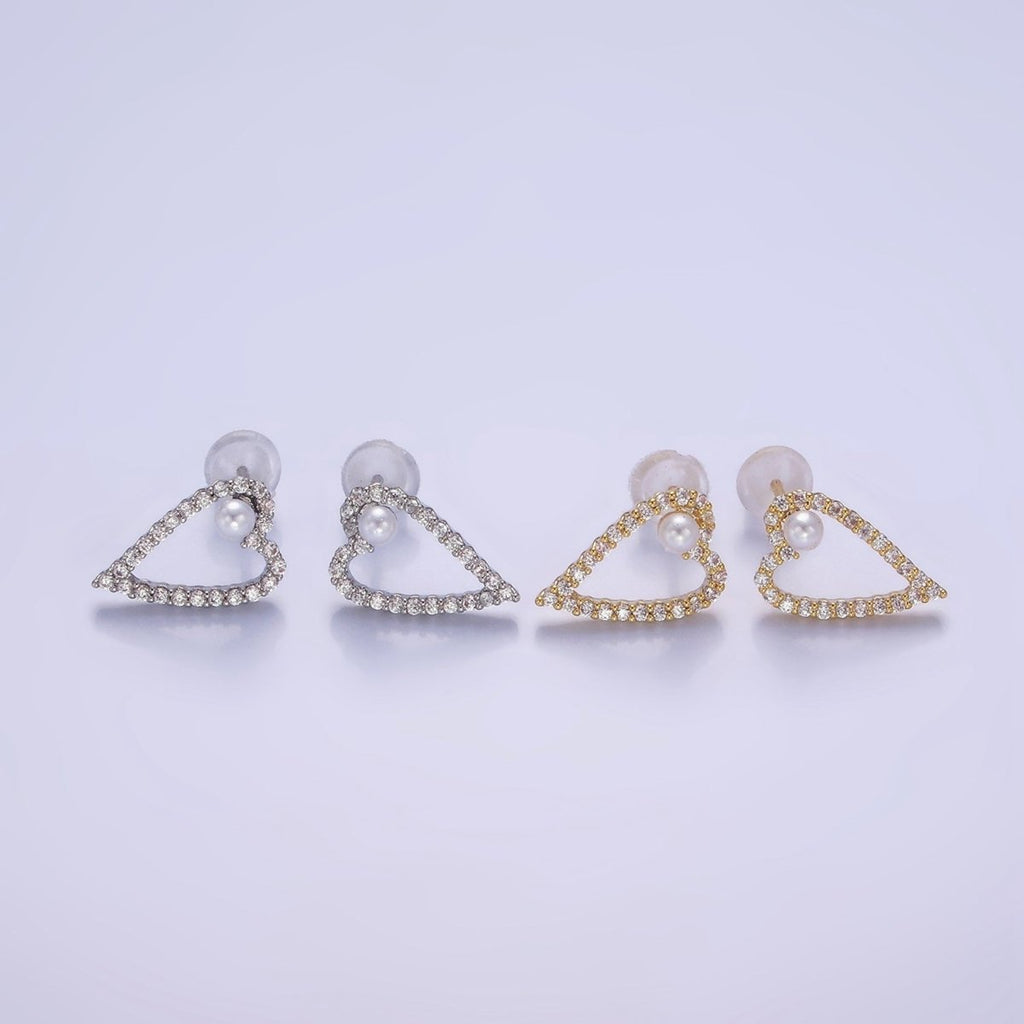 Shell Pearl Open Micro Paved CZ Heart Stud Earrings in Gold & Silver | V516 V517 - DLUXCA