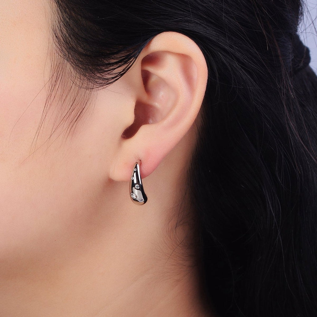 Silver Chubby Drip Drop CZ Dotted J-Shaped Geometric Hoop Earrings | AB431 - DLUXCA