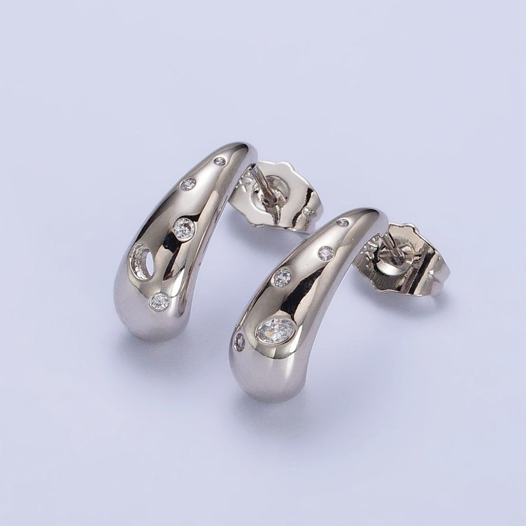 Silver Chubby Drip Drop CZ Dotted J-Shaped Geometric Hoop Earrings | AB431 - DLUXCA