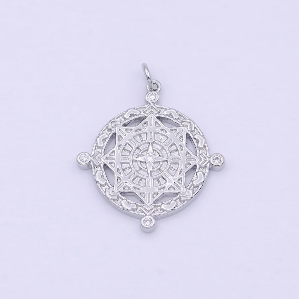 Silver Compass Pendant, cubic zirconia cz diamonds medallion pendant for Necklace Jewelry Making W-182 - DLUXCA