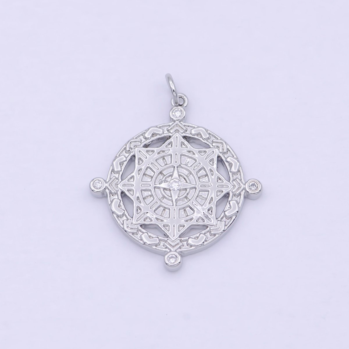 Silver Compass Pendant, cubic zirconia cz diamonds medallion pendant for Necklace Jewelry Making W-182 - DLUXCA