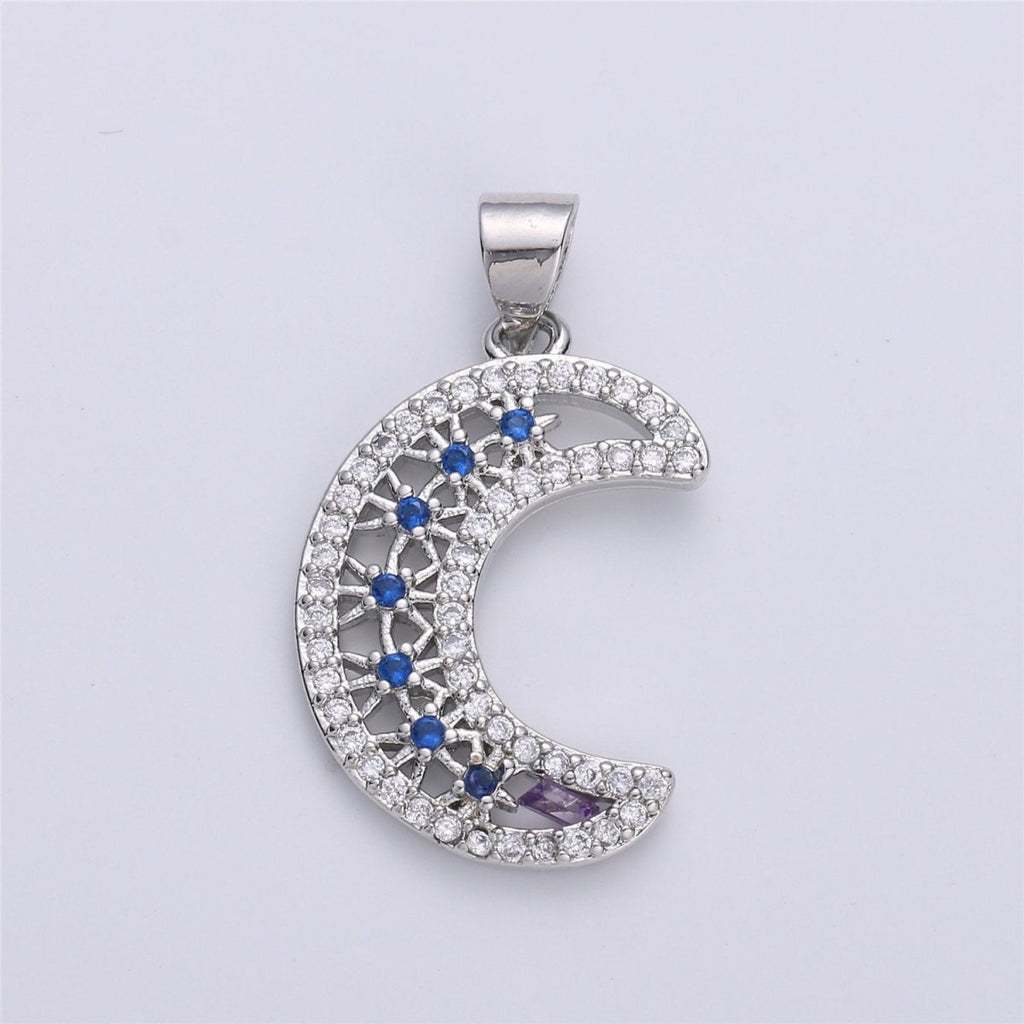 Silver Crescent Moon Charms, Micro Pave Charms, Cubic Moon Pendant, CZ Celestial Jewelry Necklace Bracelet Componen I-608 - DLUXCA