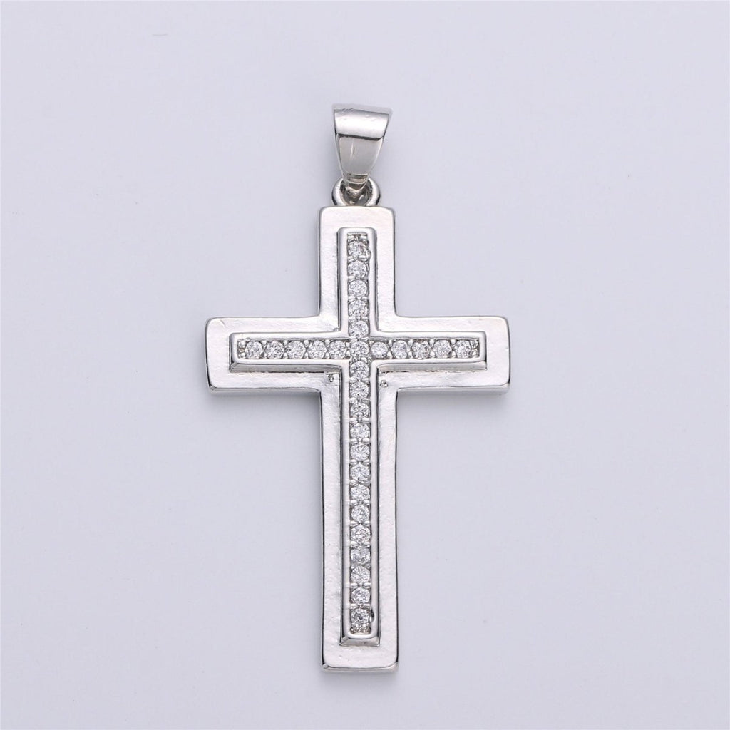 Silver Cross CZ Micro Pave Cross Pendant Charm, Cubic Zirconia Focal Cross Pendant, Necklace Charm Religious Jewelry 37x20mm I-609 - DLUXCA