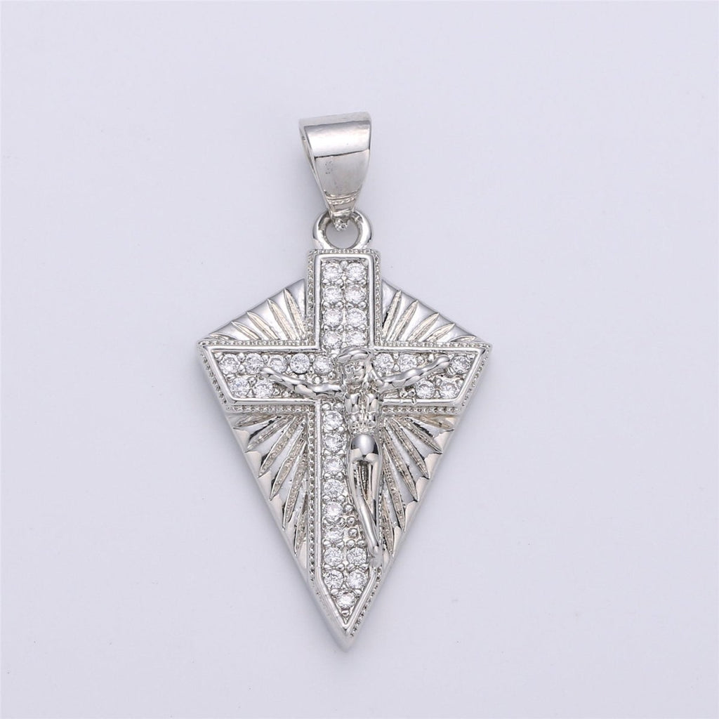 Silver Cross Medallion Charm Necklace Gold Crucifix Pendant for Religious Jewelry Supply I-610 - DLUXCA