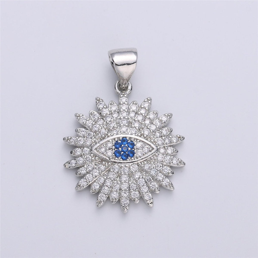 Silver Evil Eye Charm Round Disc Evil Eye Pendant, Cubic Medallion Coin Charm, Religious Charm, Micro Pave Sunburst Charm talisman Jewelry I-605 - DLUXCA