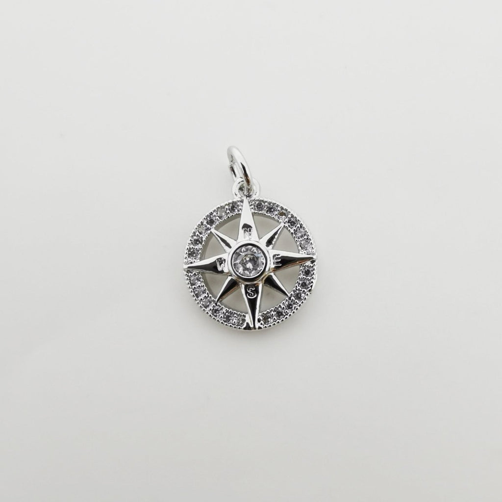 Silver plated Compass charm, Silver Charms, For Charm Bracelets, For Necklace Pendant, Cubic Zirconia Diamond, Gold Charm, Gold Compass D-336 D-337