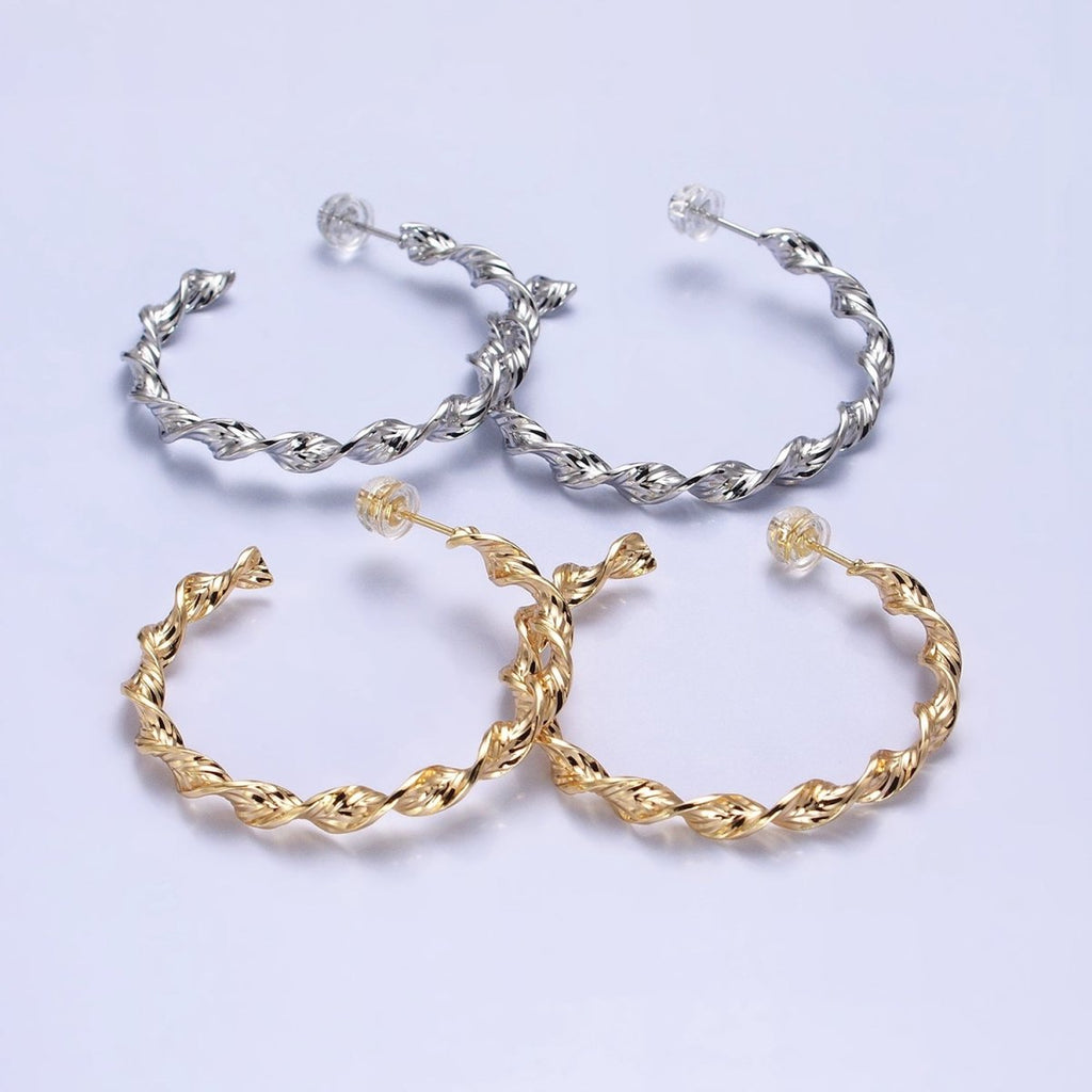 Silver, Gold 40mm Twisted Line Leaf Textured C-Shaped Hoop Earrings | AB851 AB887