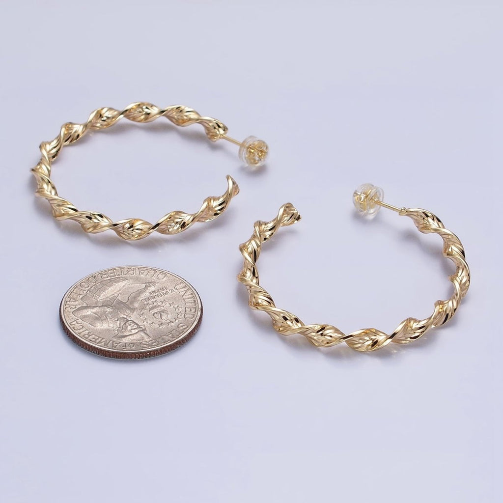 Silver, Gold 40mm Twisted Line Leaf Textured C-Shaped Hoop Earrings | AB851 AB887