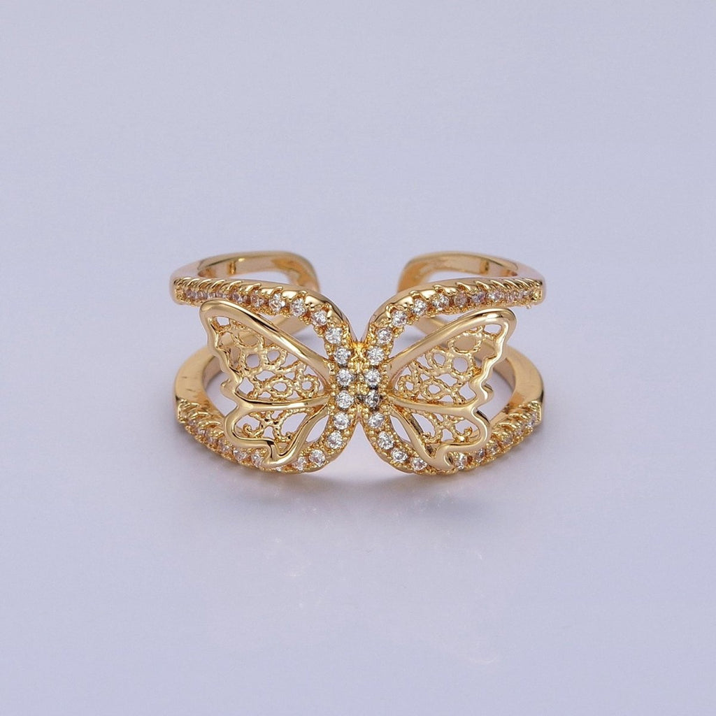 Silver, Gold Butterfly Mariposa Wings Micro Paved CZ Double Band Ring | O-1898 O-1899 - DLUXCA