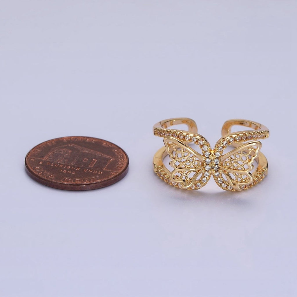 Silver, Gold Butterfly Mariposa Wings Micro Paved CZ Double Band Ring | O-1898 O-1899 - DLUXCA