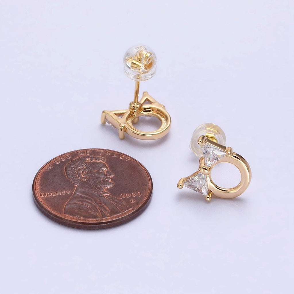 Silver, Gold Clear CZ Ribbon Bow Round Open Geometric Stud Earrings | AB580 AB610 - DLUXCA