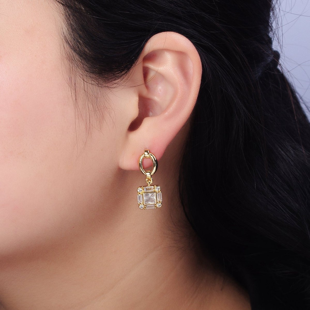 Silver, Gold Clear Square Baguette CZ Drop Dangle Oval Stud Earrings | AB569 AB571
