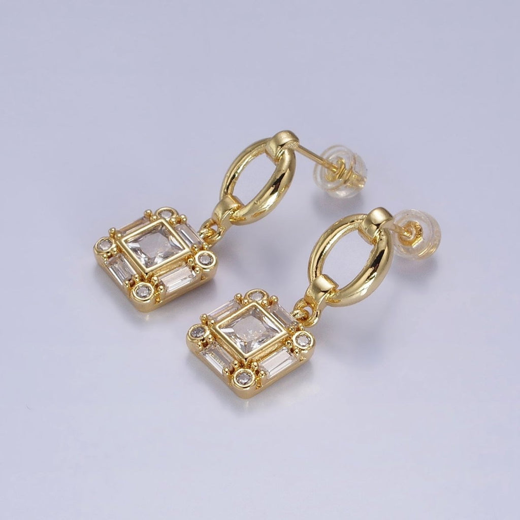 Silver, Gold Clear Square Baguette CZ Drop Dangle Oval Stud Earrings | AB569 AB571