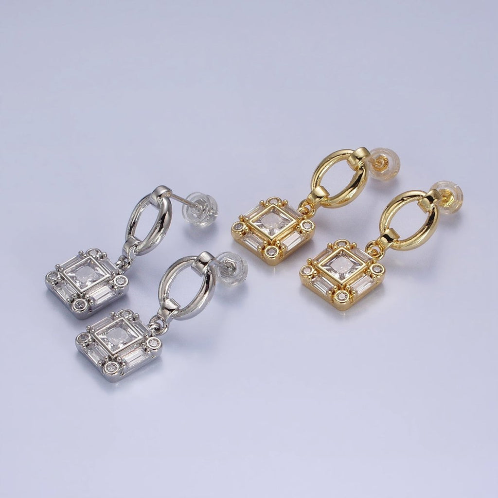 Silver, Gold Clear Square Baguette CZ Drop Dangle Oval Stud Earrings | AB569 AB571