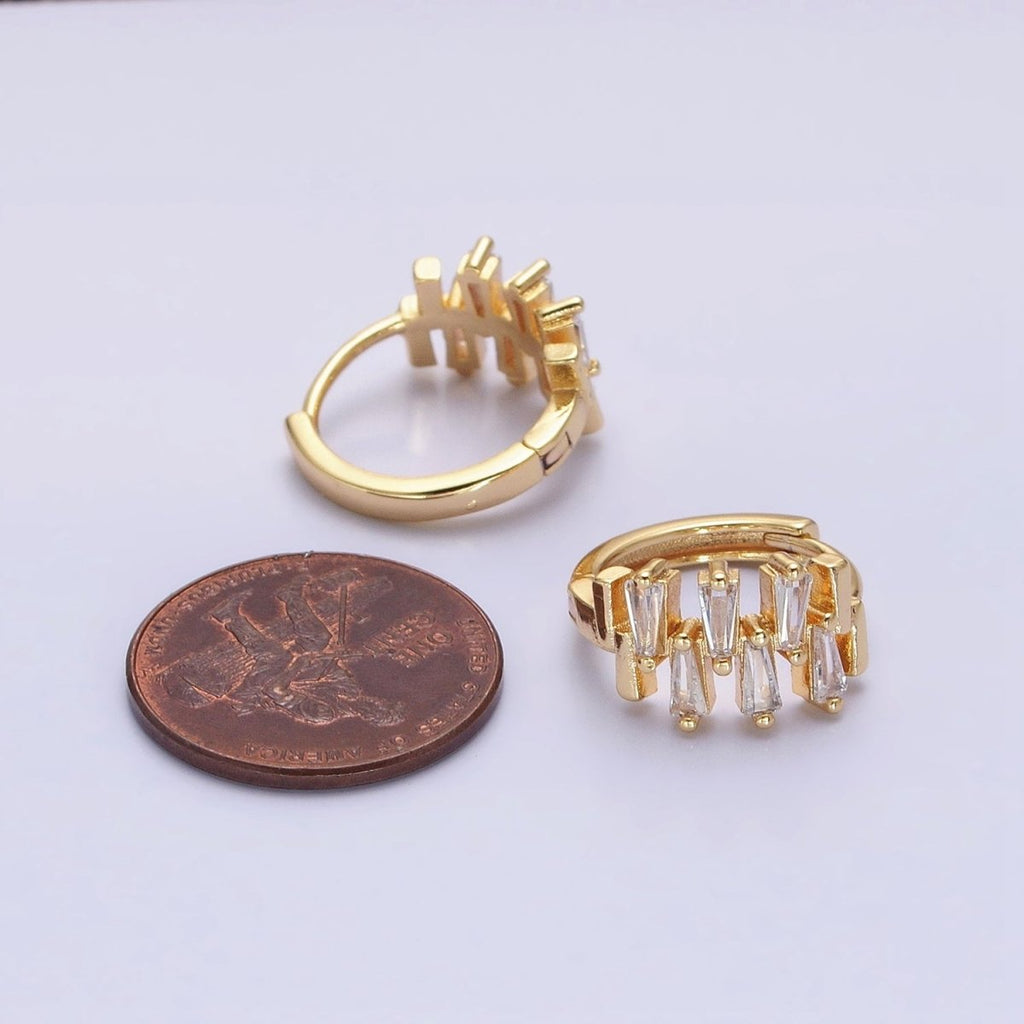 Silver, Gold Double Clear Baguette Lined 15mm Huggie Earrings | AB1091 AD789
