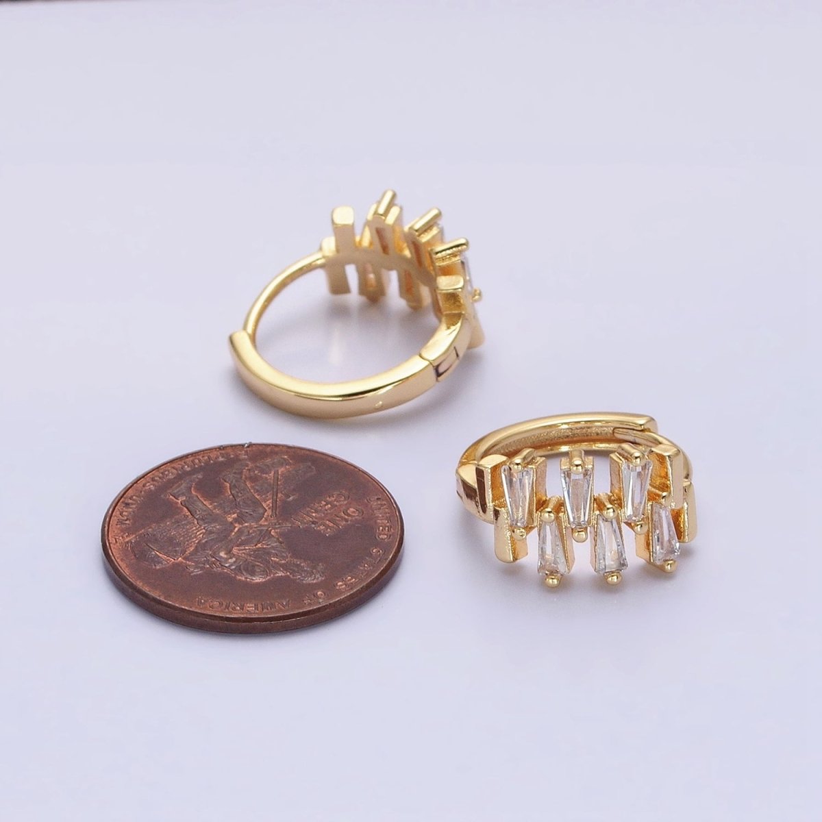 Silver, Gold Double Clear Baguette Lined 15mm Huggie Earrings | AB1091 AD789