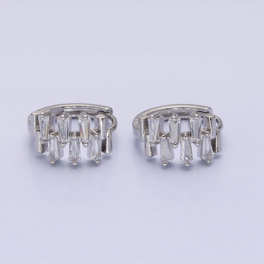 Silver, Gold Double Clear Baguette Lined 15mm Huggie Earrings | AB1091 AD789