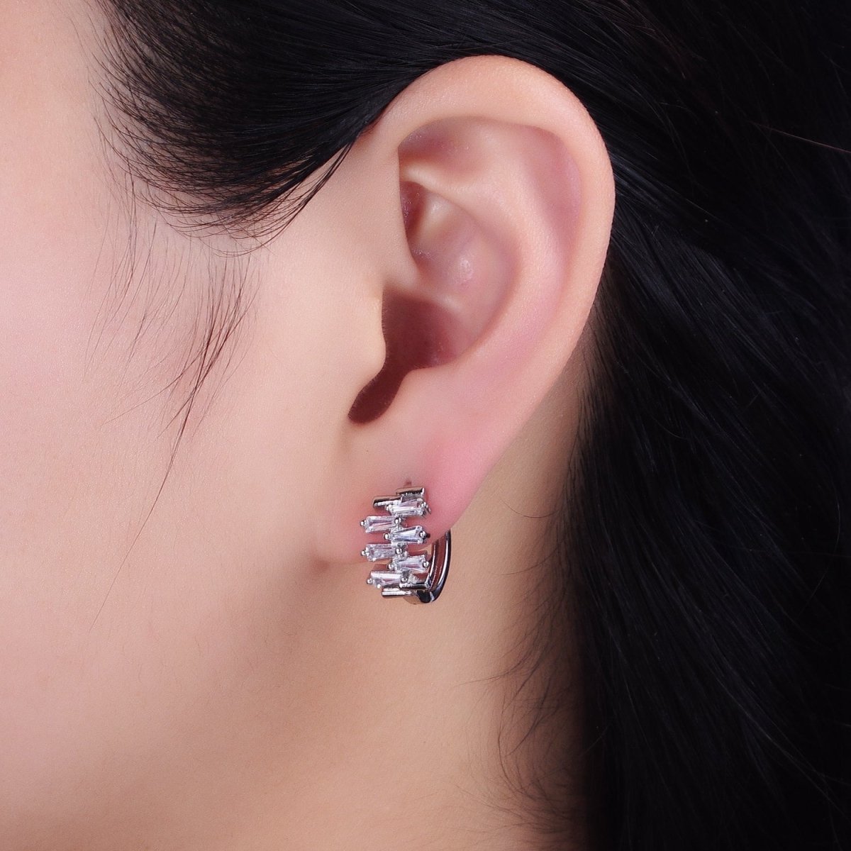 Silver, Gold Double Clear Baguette Lined 15mm Huggie Earrings | AB1091 AD789