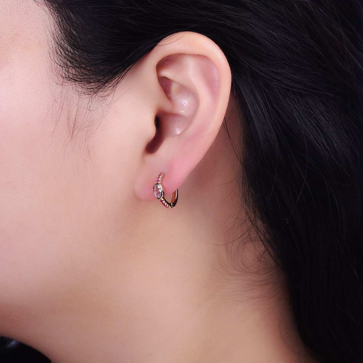 Silver, Gold Fuchsia Micro Paved Lined Clear Oval CZ 13mm Cartilage Huggie Earrings | AB814 AB826 - DLUXCA