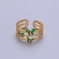 Silver, Gold Triple Band Micro Paved CZ Green, Purple Butterfly Mariposa Ring | O267-O-270