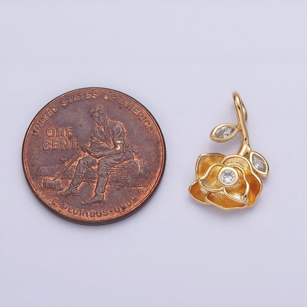 Silver, Gold Upside Down Flower Rose Clear, Green Marquise Leaf Pendant | AA349 AA355 AA356 AA363