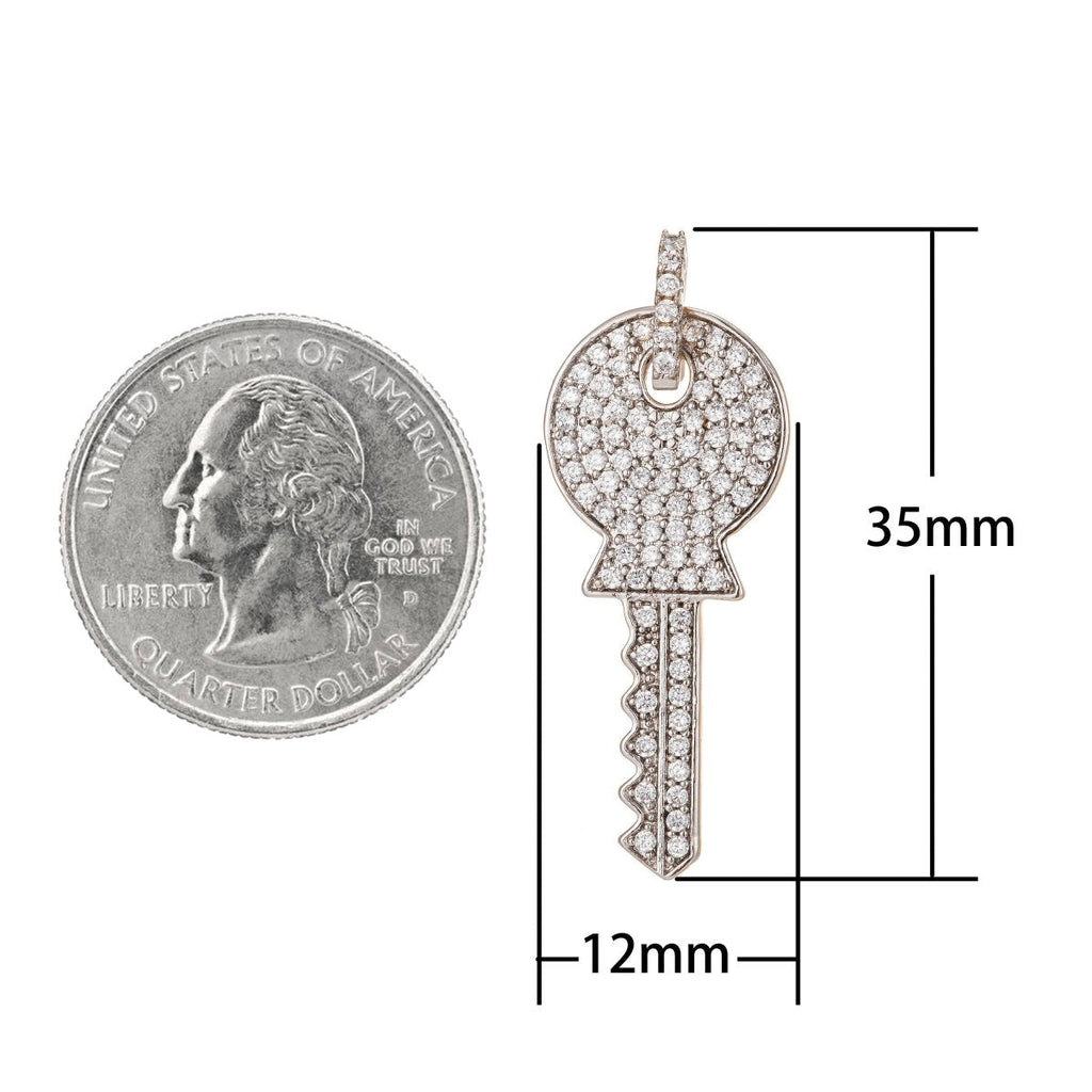 Silver Key Charm, Micro Pave CZ Charm, Rhodium Plated Pendant Dainty Diamond Key Necklace Charm for Jewelry Making I-197 - DLUXCA