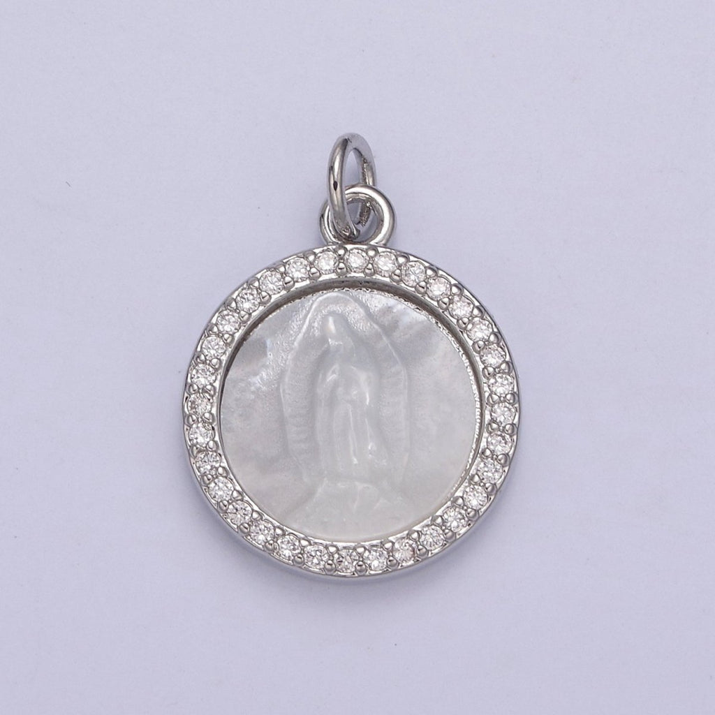 Silver Mother of Pearl Virgin Mary, CZ Micro Pave Charm Pendant, Shell Virgin Mary Round Charm N-859 - DLUXCA
