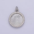 Silver Mother of Pearl Virgin Mary, CZ Micro Pave Charm Pendant, Shell Virgin Mary Round Charm N-859 - DLUXCA