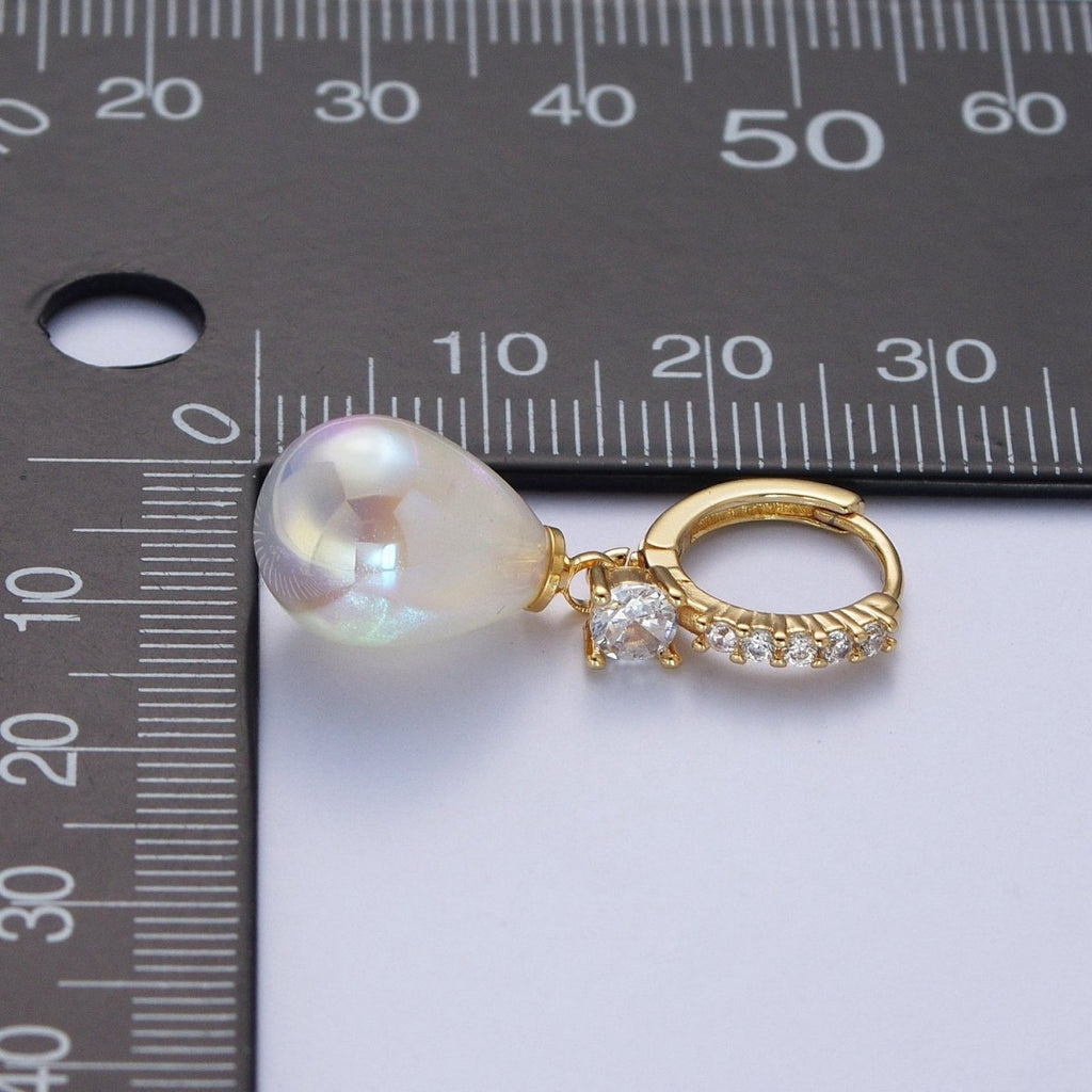 Simple Minimalist Micro Pave Cubic Zirconia Earrings, 24K Gold plated Huggie Small Hoop Earrings with Round AB Color Pear Shape Ball X822 - DLUXCA