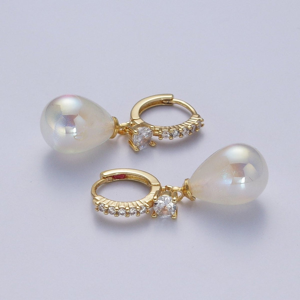 Simple Minimalist Micro Pave Cubic Zirconia Earrings, 24K Gold plated Huggie Small Hoop Earrings with Round AB Color Pear Shape Ball X822 - DLUXCA
