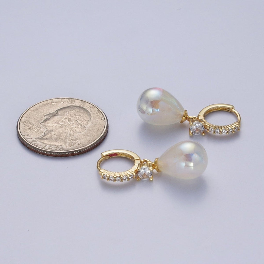 Simple Minimalist Micro Pave Cubic Zirconia Earrings, 24K Gold plated Huggie Small Hoop Earrings with Round AB Color Pear Shape Ball X822 - DLUXCA