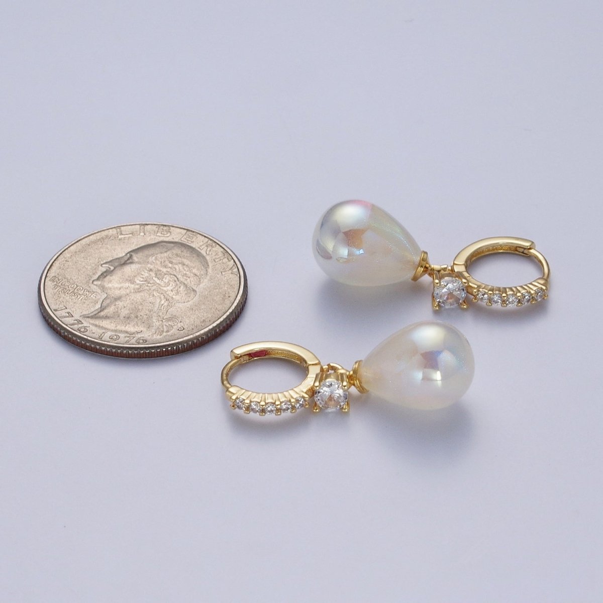 Simple Minimalist Micro Pave Cubic Zirconia Earrings, 24K Gold plated Huggie Small Hoop Earrings with Round AB Color Pear Shape Ball X822 - DLUXCA