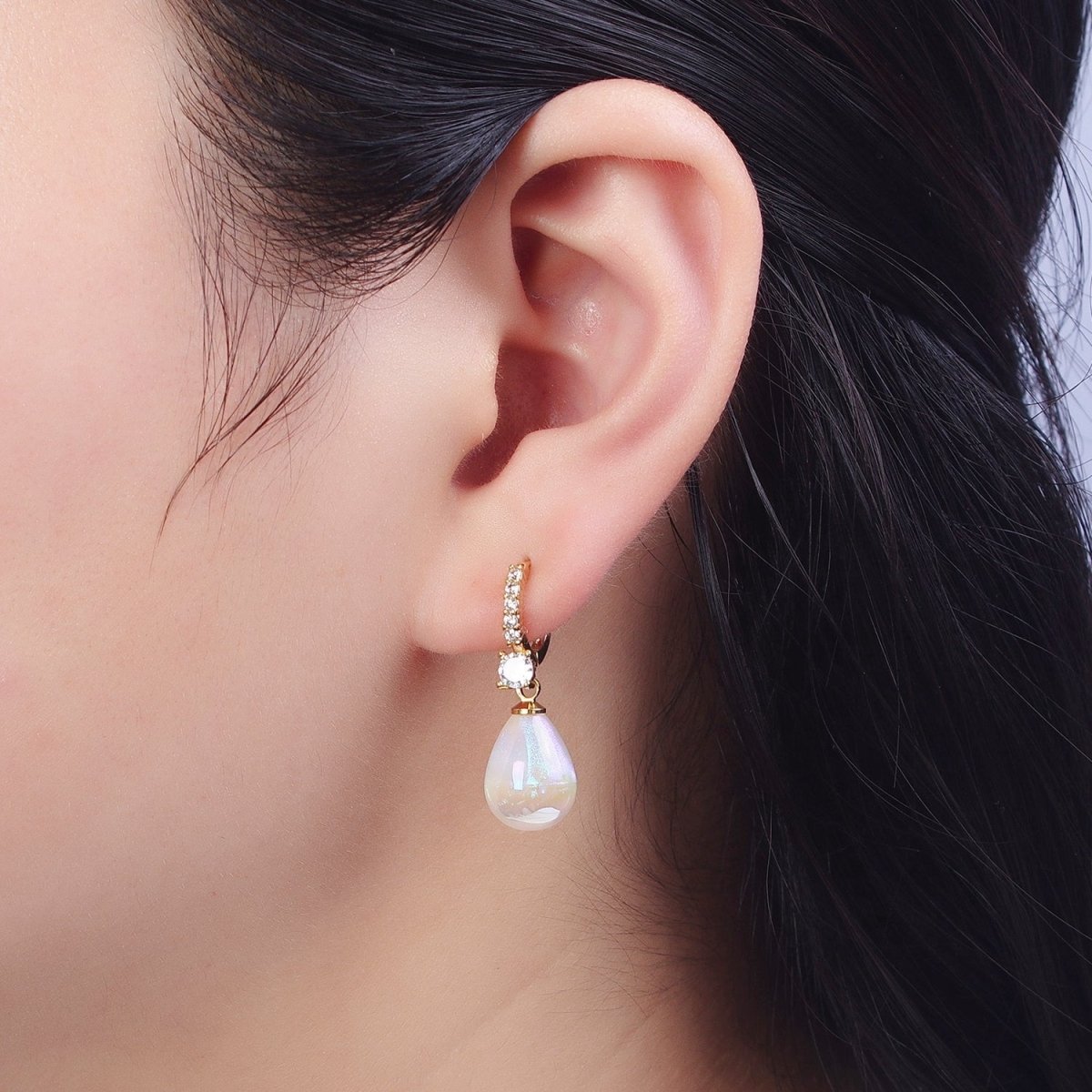 Simple Minimalist Micro Pave Cubic Zirconia Earrings, 24K Gold plated Huggie Small Hoop Earrings with Round AB Color Pear Shape Ball X822 - DLUXCA