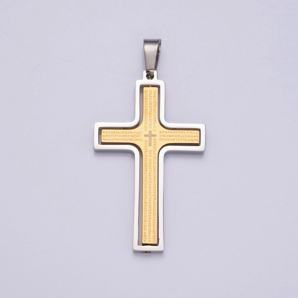 Sleek Steel Unisex Cross Necklace Pendant | Gold Cross Padre Nuestro for Men and Women | Lords Prayer Cross Pendant, Religious Medals, Our Father Pendant, Catholic Pendant, X-635 X-636 - DLUXCA