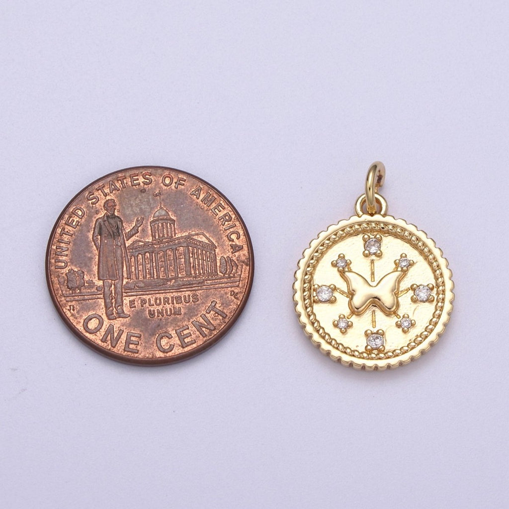 Small Butterfly Charm Pendant 16K Gold plated CZ Micro Pave Small Coin Charm Pendant Necklace N-282 - DLUXCA