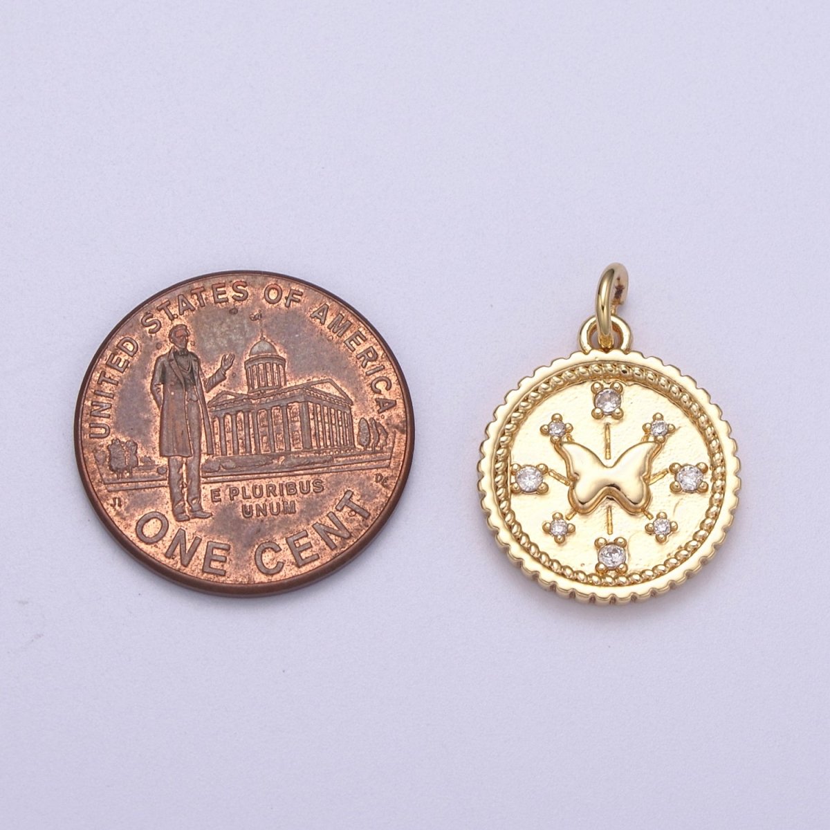 Small Butterfly Charm Pendant 16K Gold plated CZ Micro Pave Small Coin Charm Pendant Necklace N-282 - DLUXCA