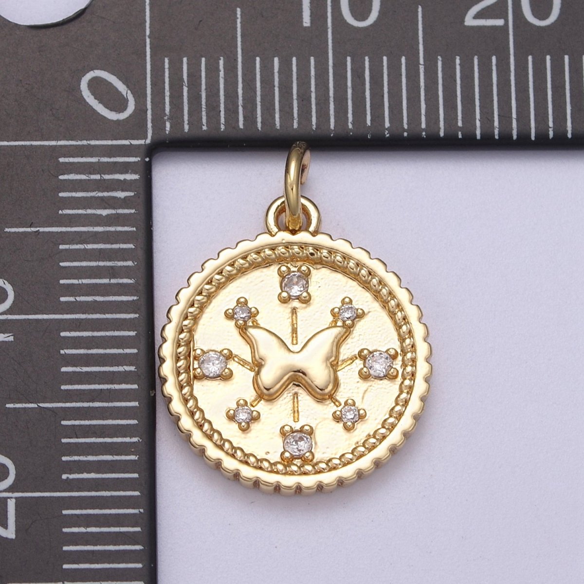Small Butterfly Charm Pendant 16K Gold plated CZ Micro Pave Small Coin Charm Pendant Necklace N-282 - DLUXCA