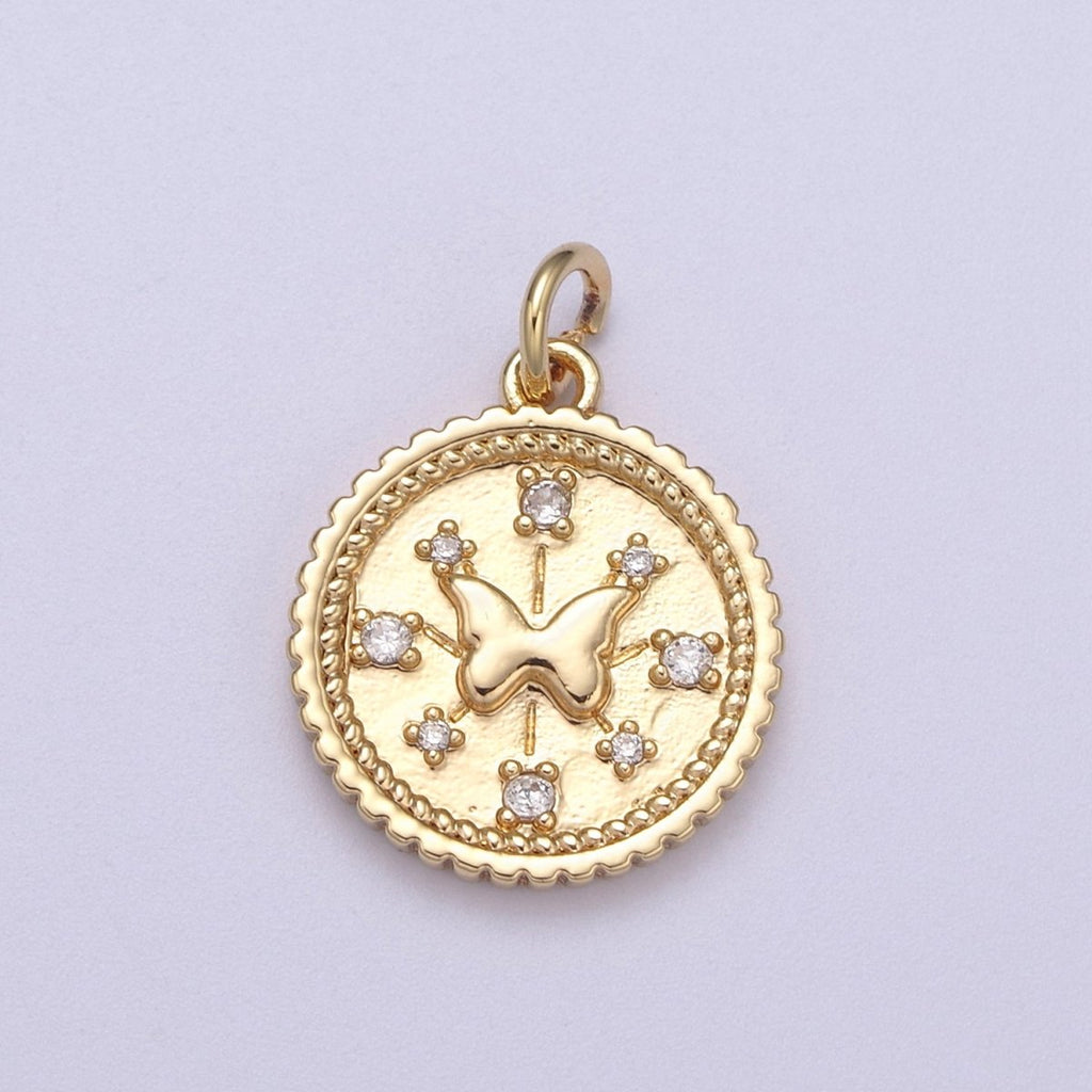 Small Butterfly Charm Pendant 16K Gold plated CZ Micro Pave Small Coin Charm Pendant Necklace N-282 - DLUXCA