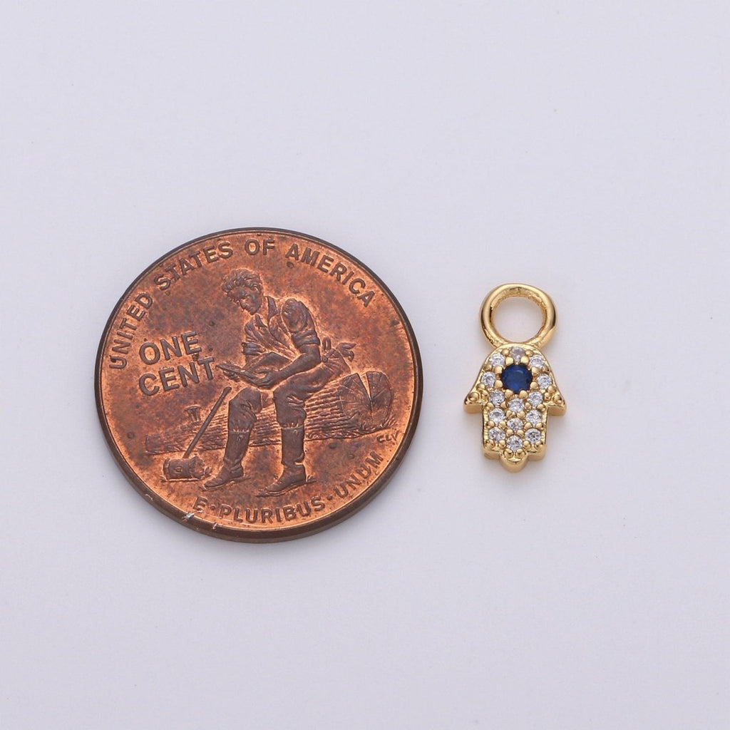 Small Hamsa Hand 14K Gold plated CZ Hamsa Charm, Micro Pave Cubic Hamsa Hand Charm for Necklace Bracelet Earring Charm w/ 4mm hole on top D-047 - DLUXCA